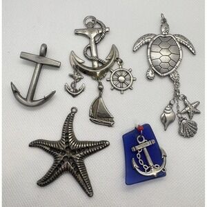 Vintage Nautical Charm Lot Anchors Starfish Turtle Sailboat Pendants Silver Tone
